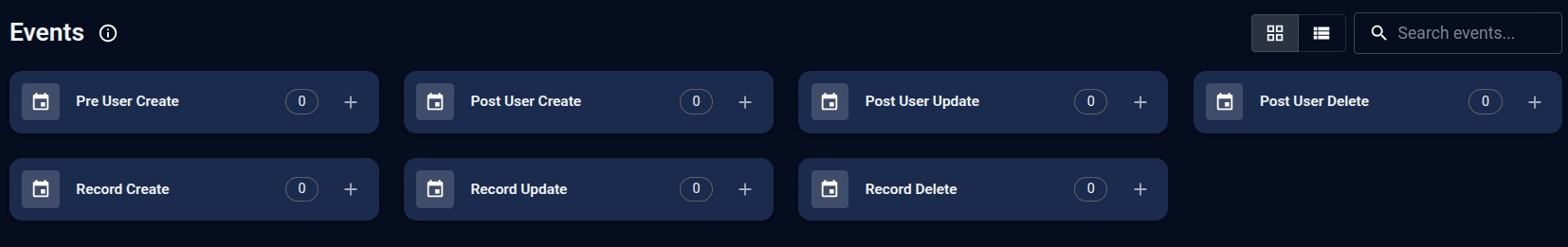 TaruviBase Console Events browser showing the seven registry event names as tiles: Pre User Create, Post User Create, Post User Update, Post User Delete, Record Create, Record Update, and Record Delete, each with its current subscription count.