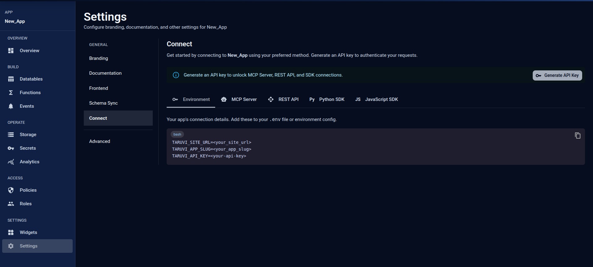 TaruviBase Console Settings → Connect → Environment tab showing TARUVI_SITE_URL, TARUVI_APP_SLUG, and TARUVI_API_KEY, with a Generate API Key button in the top right.