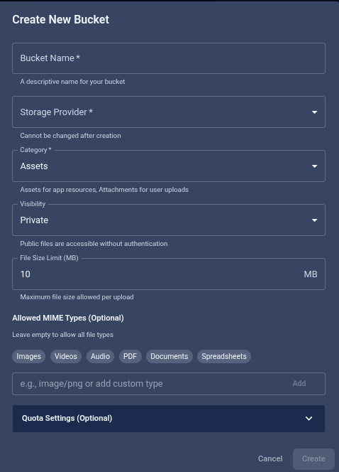 Create New Bucket in TaruviBase Console with bucket name, storage provider, category, visibility, file size limit, and optional MIME types.
